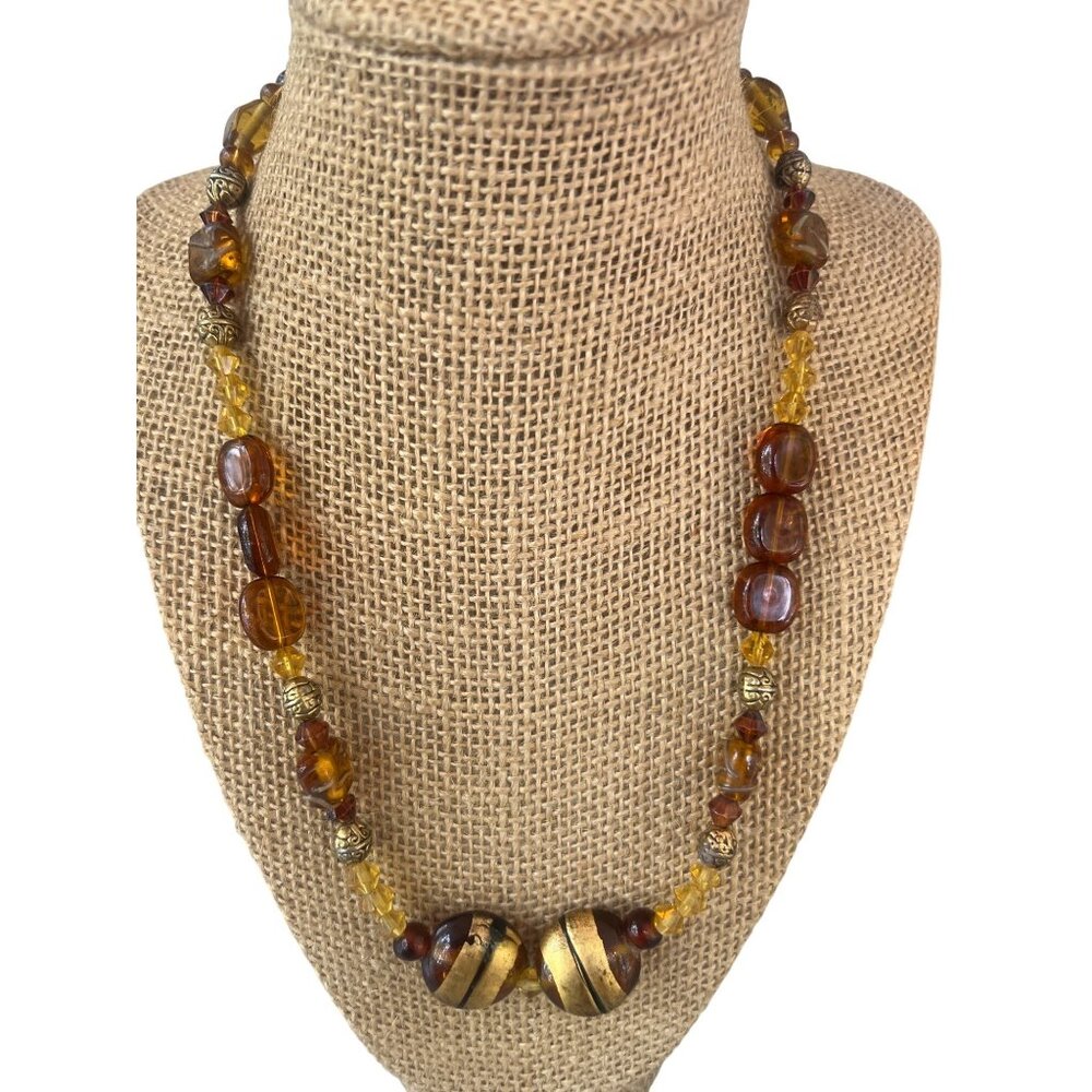 Vintage Amber Gold Color Glass Bead Necklace Gold Tone Estate Toggle Clasp 18"